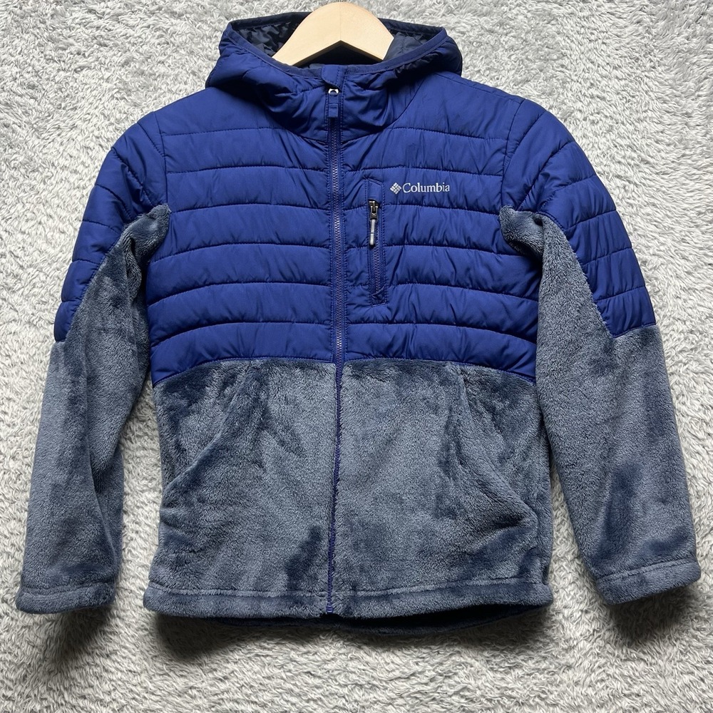 Columbia Powder Lite Omni Heat Hooded Jacket Boy Medium 10/12 Blue Gray Full Zip